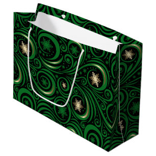 Swirls and Snowflakes Green and Gold Large Gift Bag