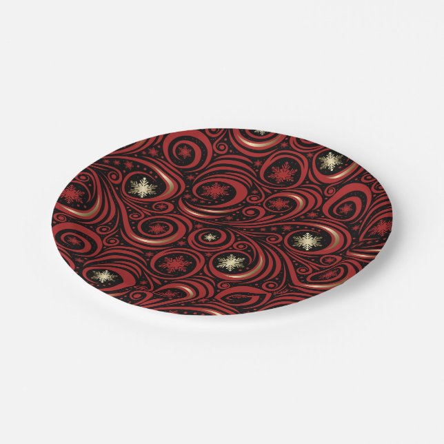 Swirls and Snowflakes Red and Gold Paper Plate (Angled)
