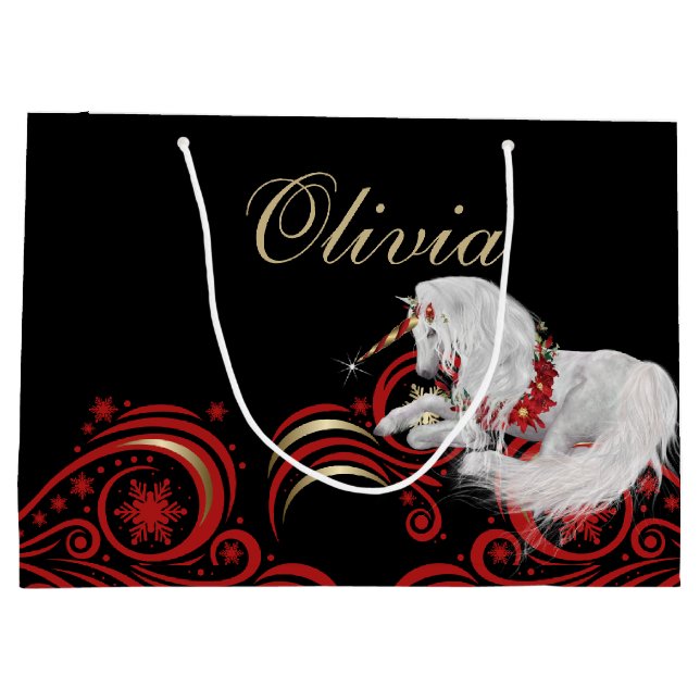 Swirls and Snowflakes Unicorn Red and Gold JOY Large Gift Bag (Back)