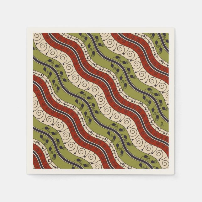 Swirls and Waves in Red, Green and Cream Napkin (Front)