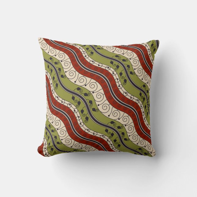 Swirls and Waves in Red, Green and Cream Throw Pillow (Front)