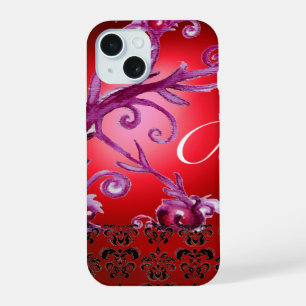 SWIRLS, BERRIES DAMASK MONOGRAM pink black red iPhone 15 Case