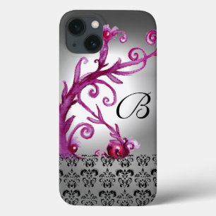 SWIRLS, BERRIES DAMASK MONOGRAM pink ,white black iPhone 13 Case