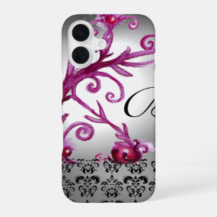 SWIRLS, BERRIES DAMASK MONOGRAM pink ,white black iPhone 16 Case