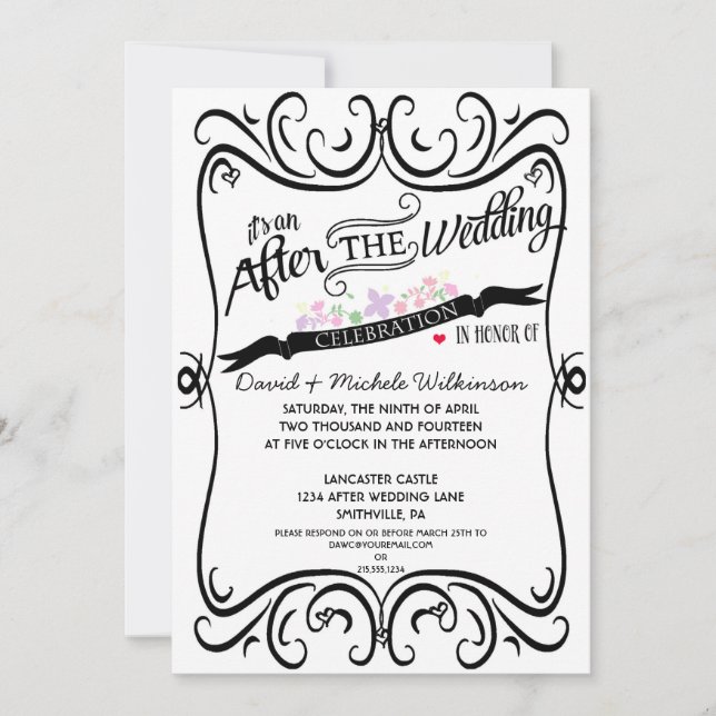 Swirls Chalkboard Post Wedding Black White Invitation (Front)