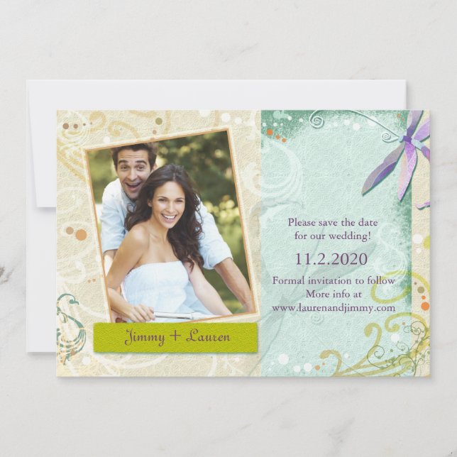 Swirls & Dragonfly Photo Wedding Save the Date (Front)