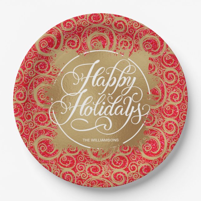 Swirls Faux Foil Holiday Christmas Red Glitter Paper Plate (Front)