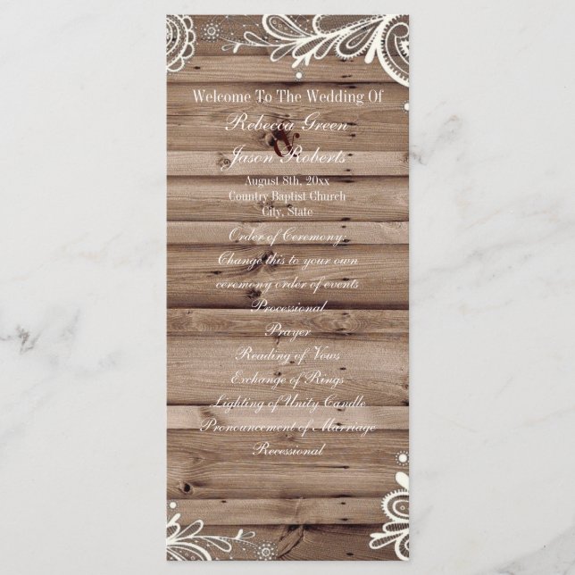 swirls lace barn wood country wedding program (Front)