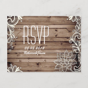 swirls lace barn wood country wedding RSVP Invitation Postcard