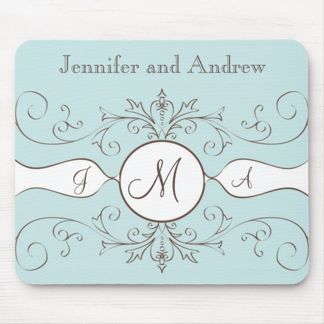 Swirls Monogram Bride Groom Names Wedding Gift Mouse Pad (Front)