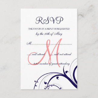 Swirls Navy Blue Coral Pink Wedding RSVP Card