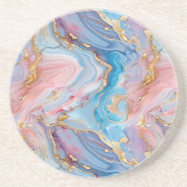 Swirls of Pink, Blue, Gold, Creates Marbled Effect Coaster (Front)