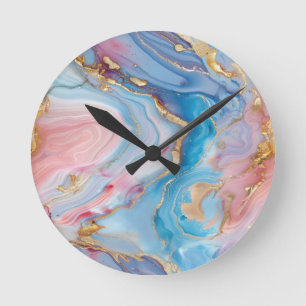 Swirls of Pink, Blue, Gold, Creates Marbled Effect Round Clock