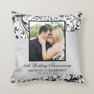 Swirls Photo Silver 25th Wedding Anniversary   Throw Pillow