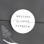 Swirly And Script Wedding Black & White Classic Round Sticker<br><div class="desc">For more advanced customization of this design,  please click the BLUE DESIGN TOOL BUTTON above!</div>