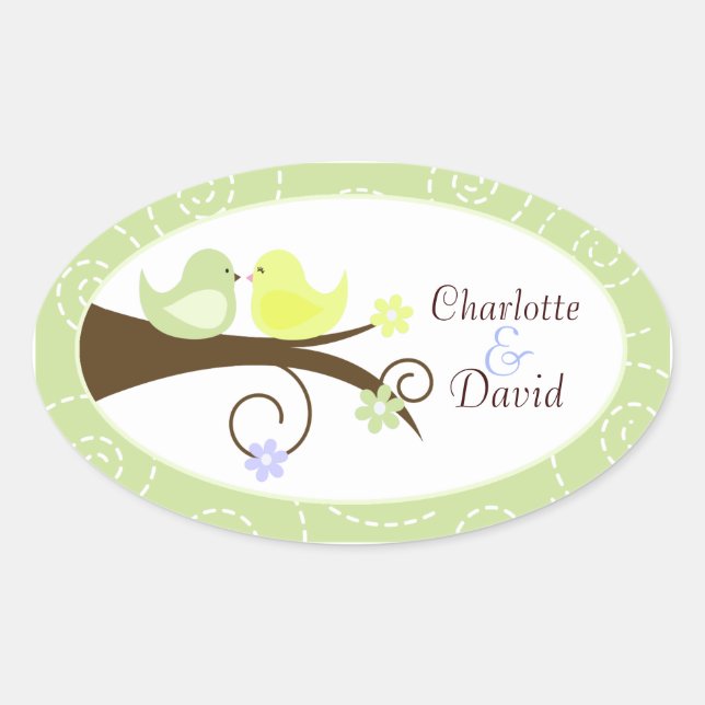 Swirly Bird (Green) Wedding Oval Favour Sticker (Front)