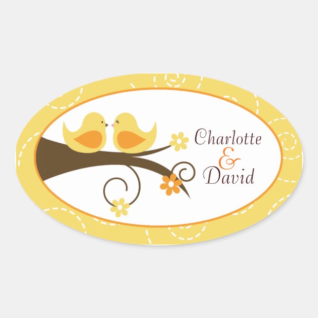 Swirly Bird (Yellow) Wedding Oval Favour Sticker (Front)