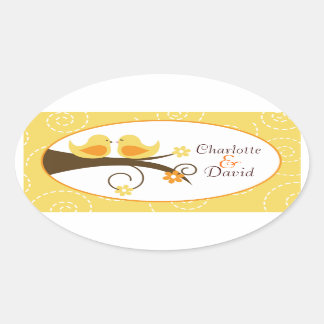 Swirly Bird (Yellow) Wedding Oval Favour Sticker