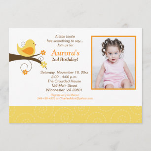 Swirly Birds Trendy Yellow Photo Birthday Invite