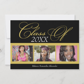 Swirly Black/Gold 3 Photo Graduation Announcement