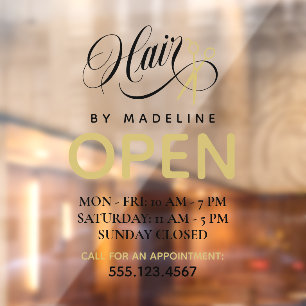 Swirly Black Text Scissors Hair Salon Open Hours Window Cling