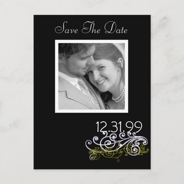 Swirly Black & White Save The Date Announcement Postcard (Front)