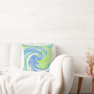 Swirly Blue Green and white Silk Abstract Pillow