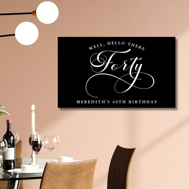 Swirly Calligraphy Black 40th Birthday Party Banner (Elegant Swirly Calligraphy Black 40th Birthday Party Indoor Banner)