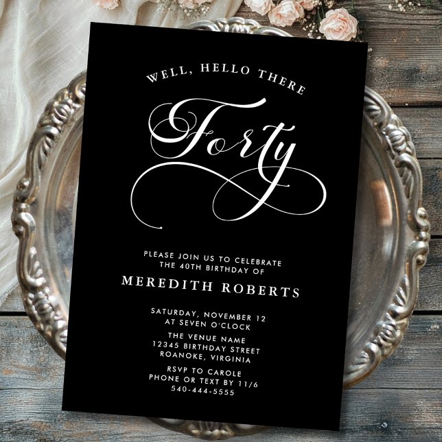 Swirly Calligraphy Black 40th Birthday Party Invitation (Elegant Swirly Calligraphy Black 40th Birthday Party Invitations)