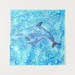 Swirly Dolphin Family  Tapestry