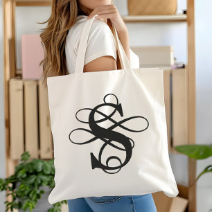 Swirly Flourish Initial Monogram Tote Bag