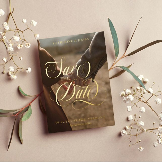 Swirly Gold Calligraphy Photo Save the Date (Creator Uploaded)