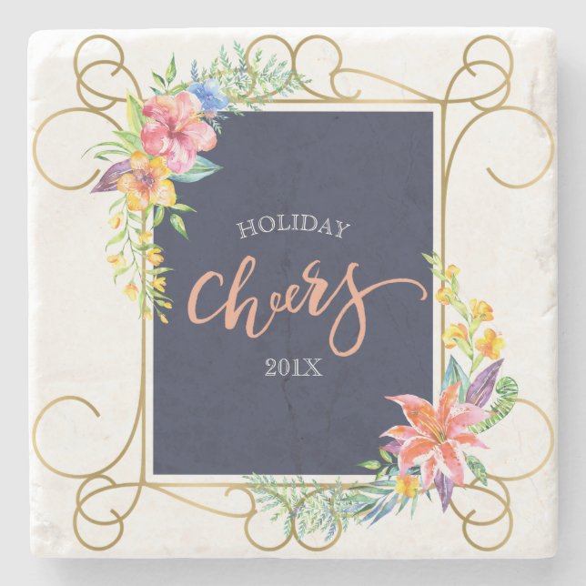 Swirly Gold Frame & Tropical Flowers Wreath Stone Coaster (Front)