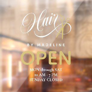 Swirly Hair & Scissors Hair Salon Open Hours Window Cling