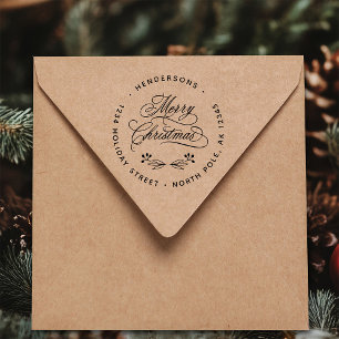 Swirly Merry Christmas Script Return Address Rubber Stamp