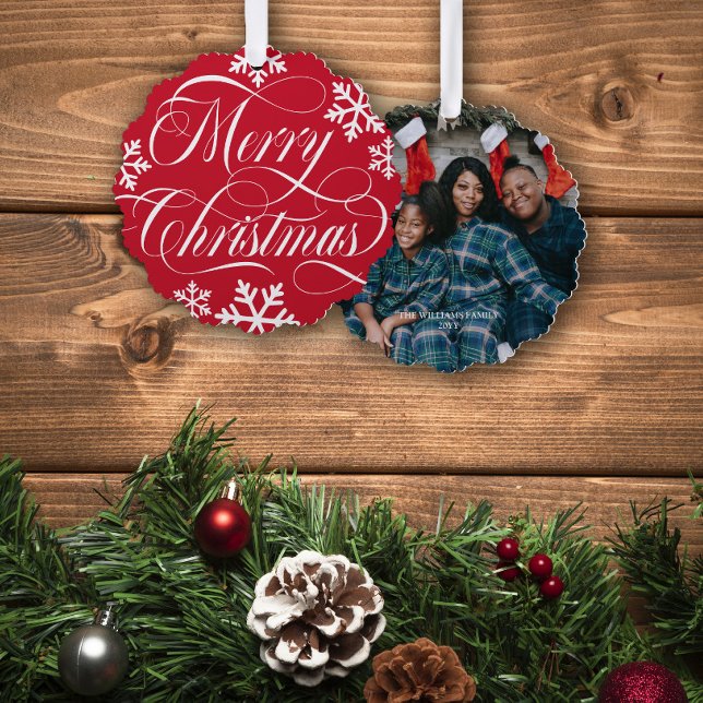 Swirly Merry Christmas Snowflakes with Photo Ornament Card (Creator Uploaded)