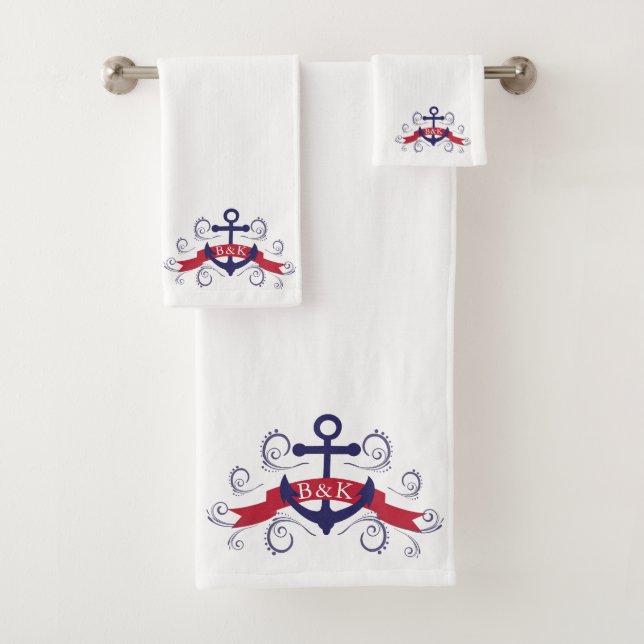 Swirly Nautical boat anchor monogram Bath Towel Set (Insitu)