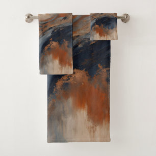 Swirly Navy Blue Orange Light Blue Marble Bath Towel Set