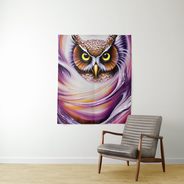 Swirly Oil Paint Splash Ornate Owl   Tapestry (In Situ)
