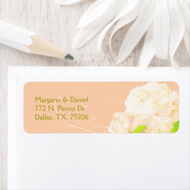 Swirly Peach Peony Wedding Return Address (Insitu)