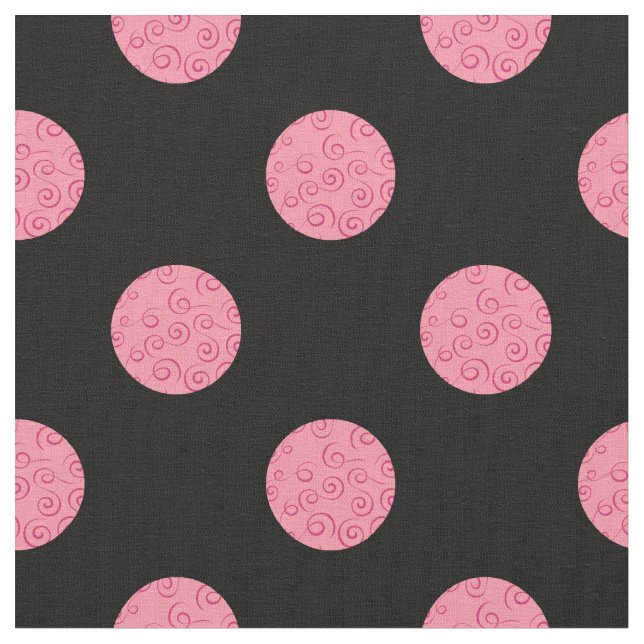 Swirly pink polka dots on black background fabric (Close Up)