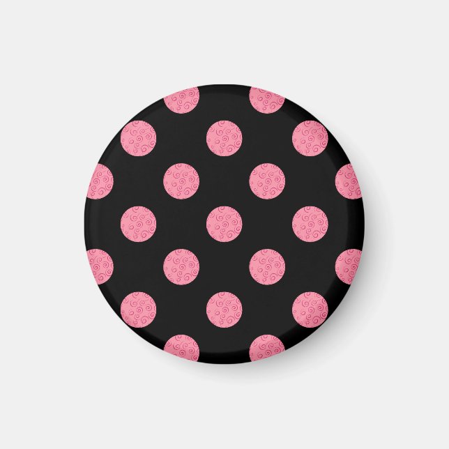 Swirly pink polka dots on black background magnet (Front)