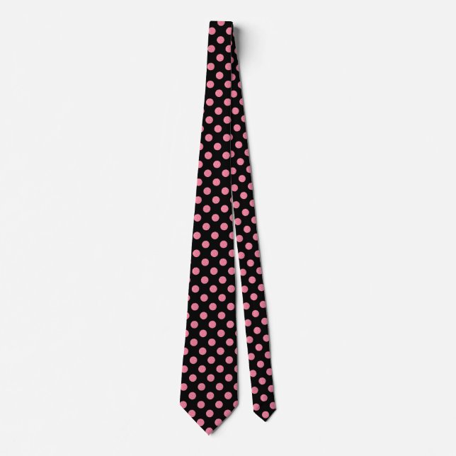 Swirly pink polka dots on black background tie (Front)