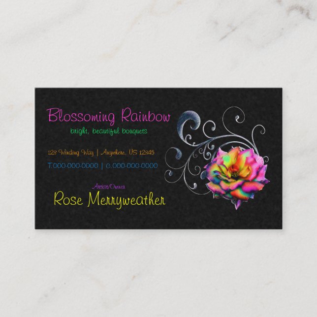 Swirly Rainbow Rose Business Card (Front)