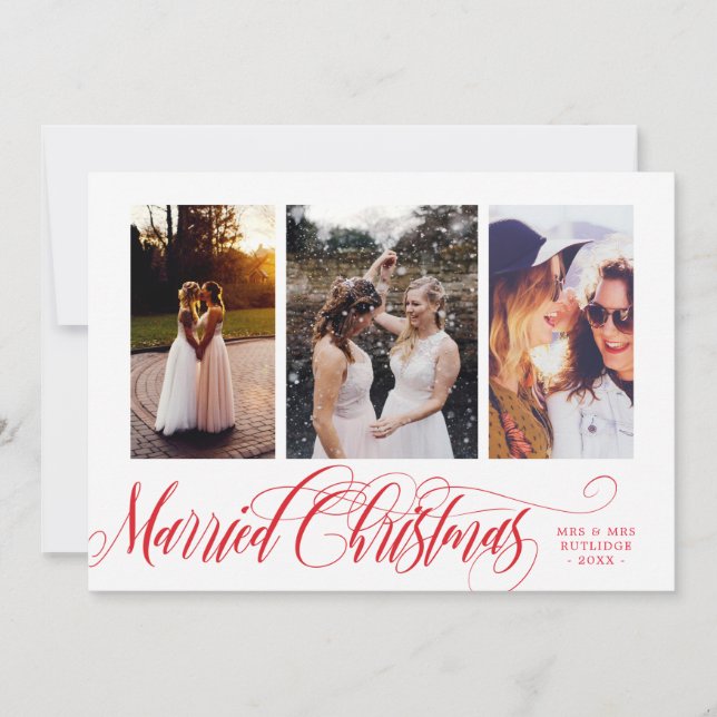 Swirly Red Married Christmas Photo Collage Holiday Card (Front)