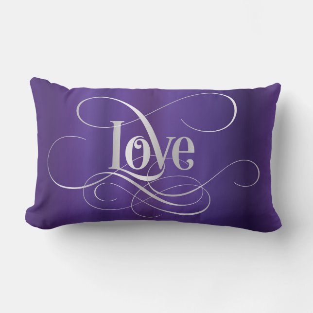 Swirly Script Calligraphy Love Silver on Purple Lumbar Pillow (Front)
