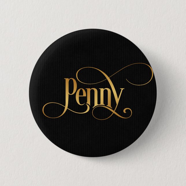 Swirly Script Calligraphy Penny Gold on Black 2 Inch Round Button (Front)