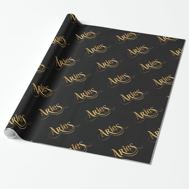 Swirly Script Zodiac Sign Aries Gold on Black Wrapping Paper (Unrolled)