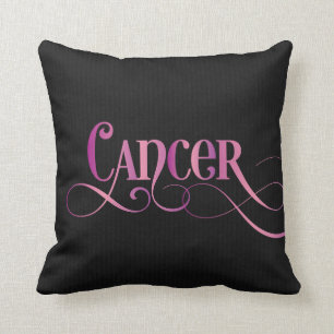 Swirly Script Zodiac Sign Cancer Pink on Black Throw Pillow