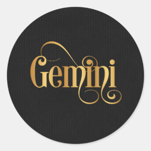 Swirly Script Zodiac Sign Gemini Gold on Black Classic Round Sticker